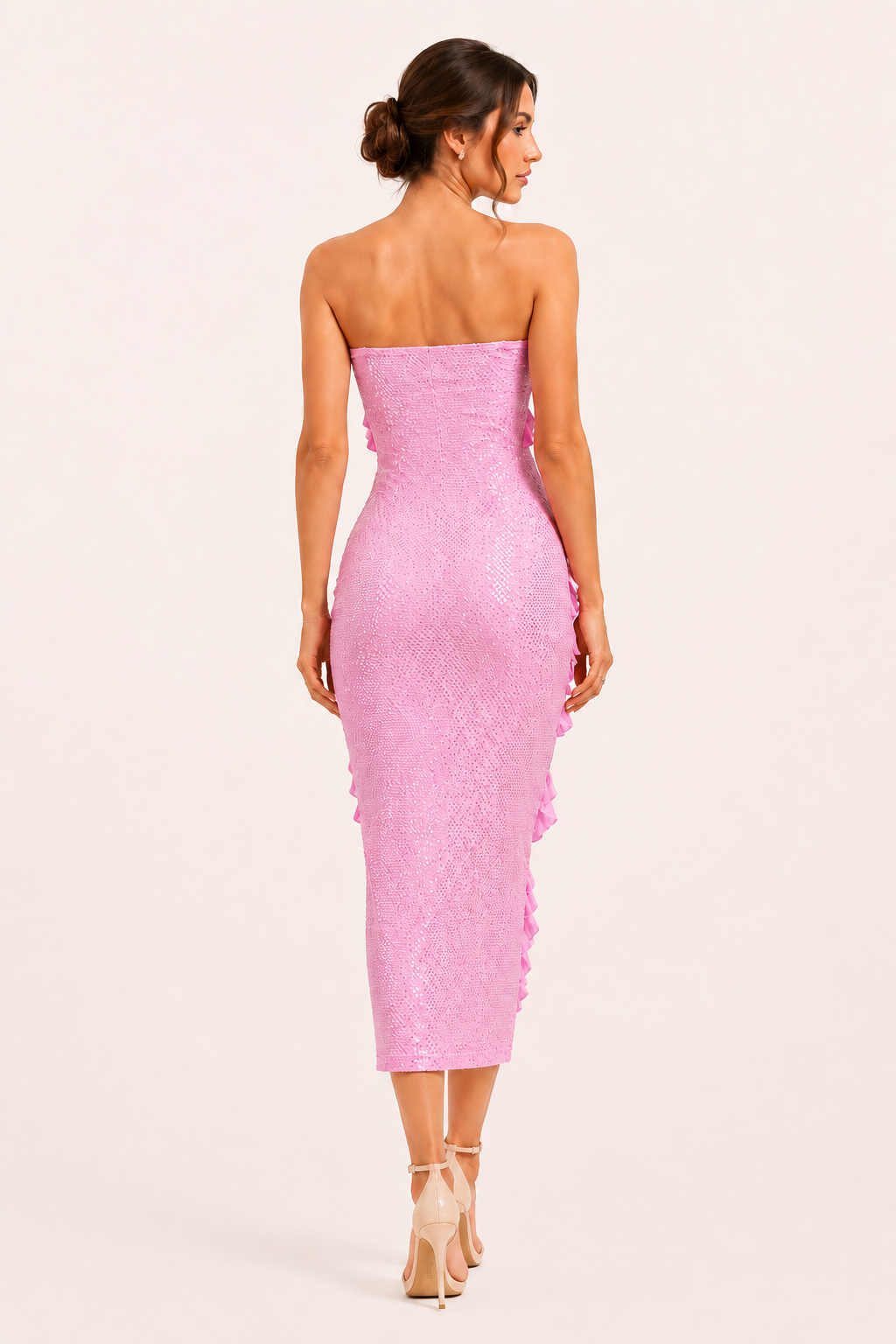 Vestido midi strapless mujer volantes diagonales textura punteada fiesta - Yina