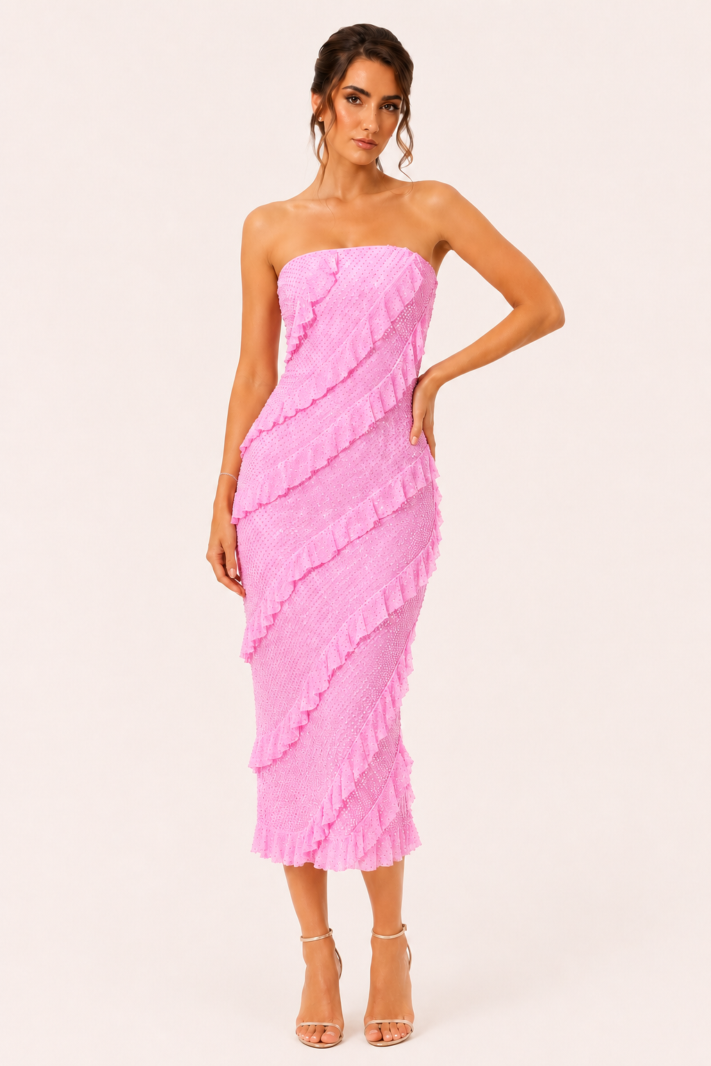 Vestido midi strapless mujer volantes diagonales textura punteada fiesta - Yina