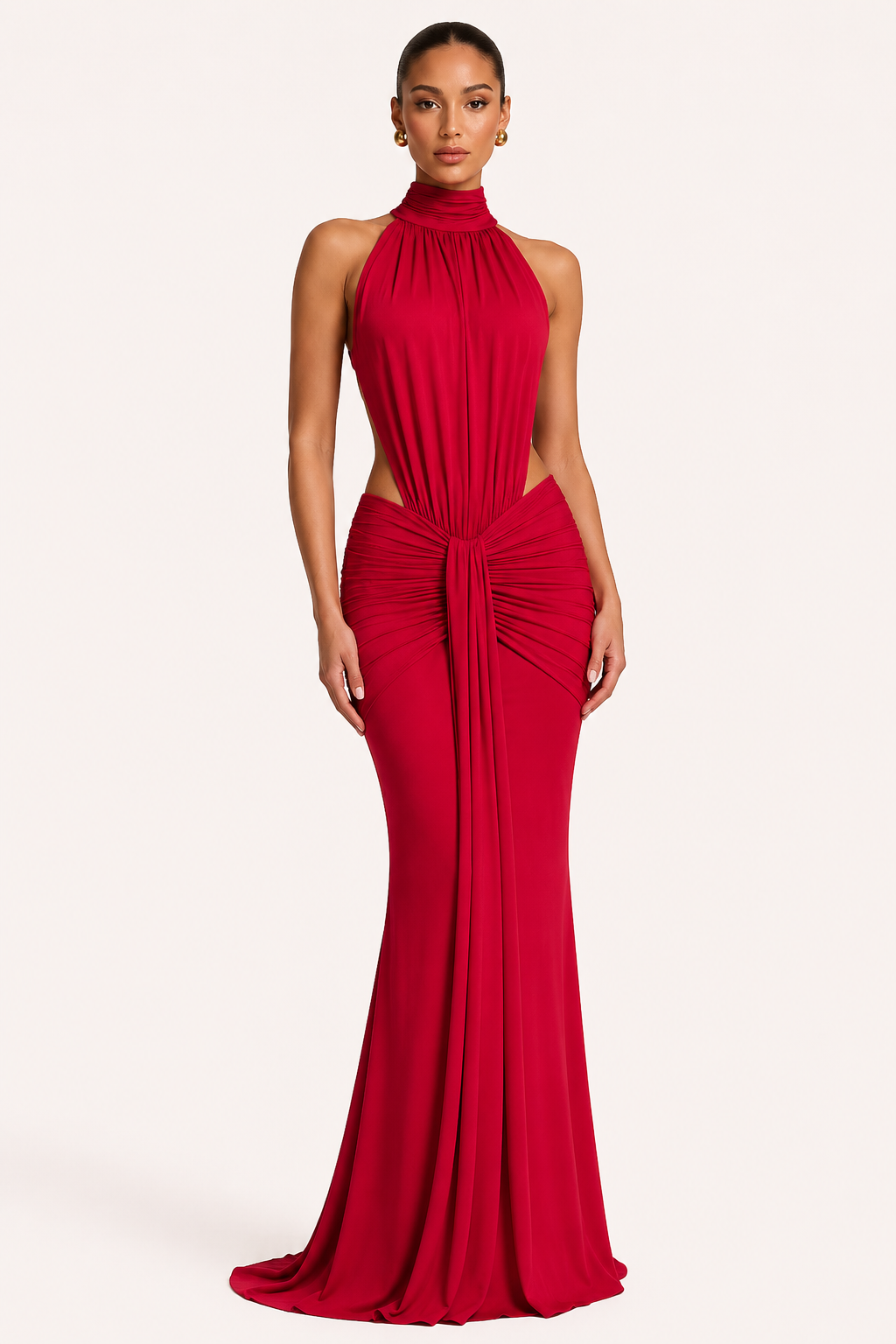 Vestido largo mujer halter ajustado fruncido elegante gala evento - Klara