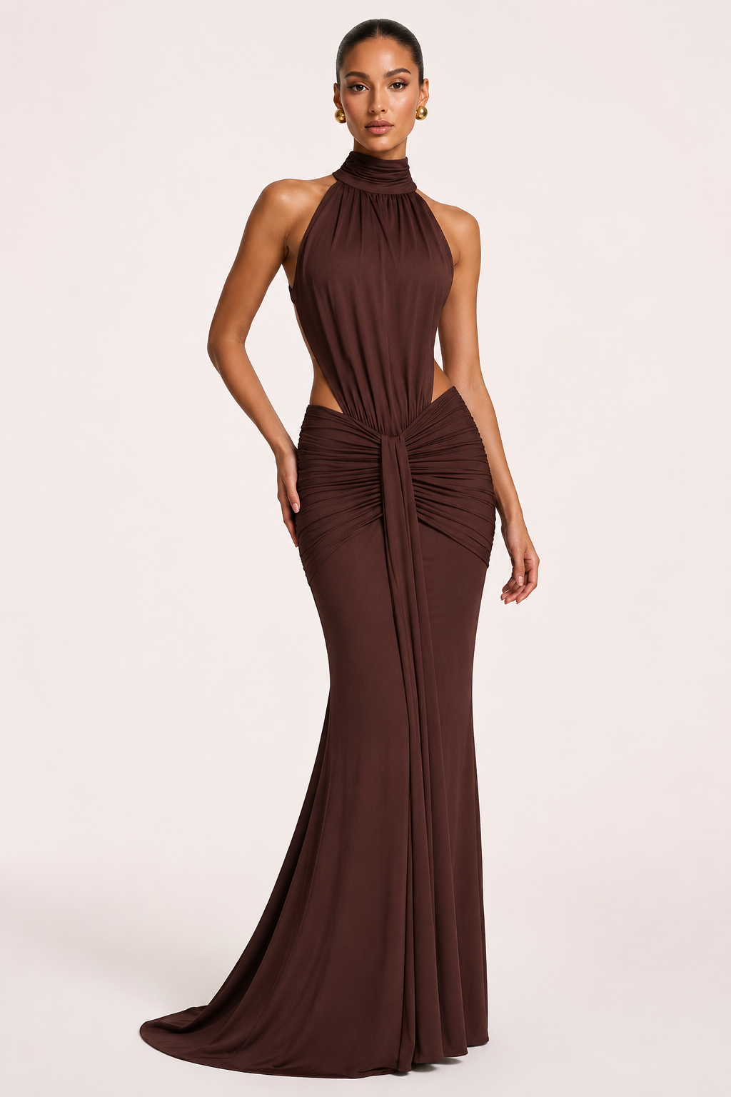 Vestido largo mujer halter ajustado fruncido elegante gala evento - Klara