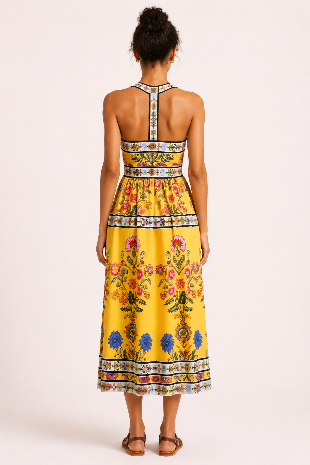 Vestido midi mujer floral escote cuadrado tirantes anchos cintura alta - Nele