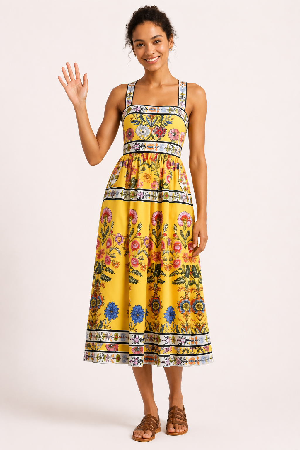 Vestido midi mujer floral escote cuadrado tirantes anchos cintura alta - Nele