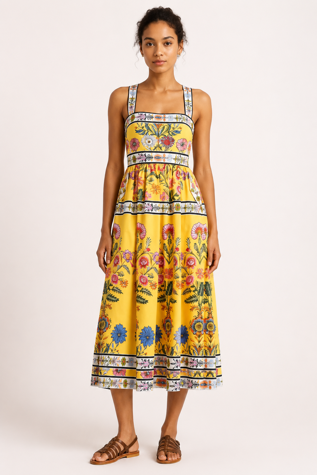 Vestido midi mujer floral escote cuadrado tirantes anchos cintura alta - Nele