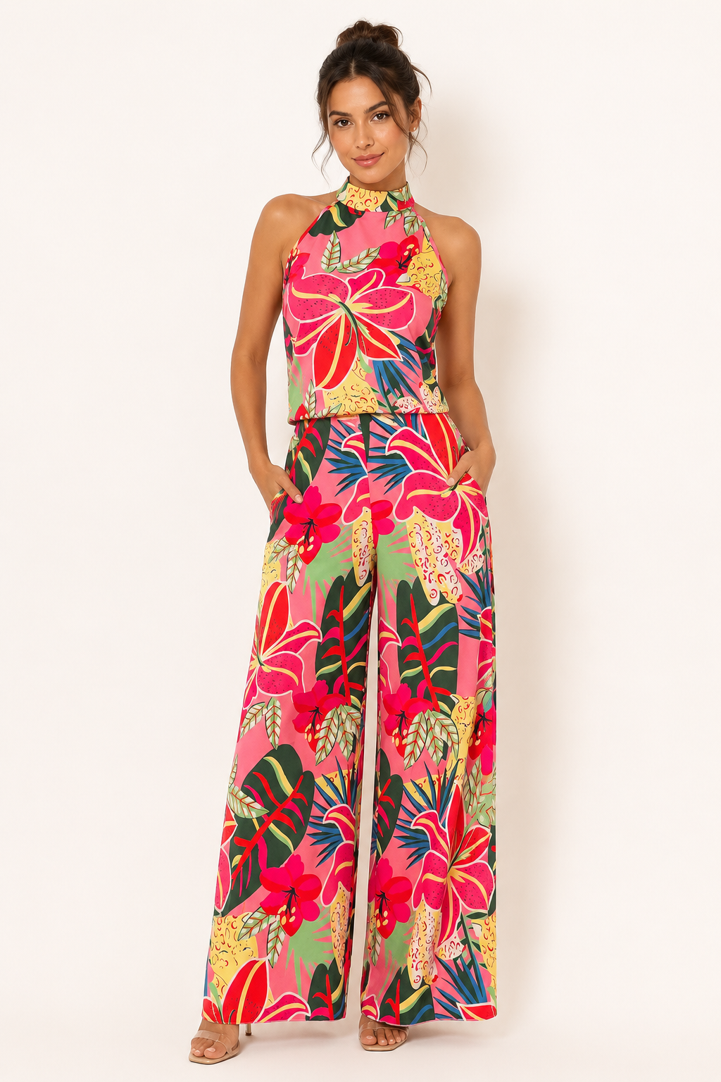 Conjunto floral mujer top halter pantalón pierna ancha verano cómodo - Siria