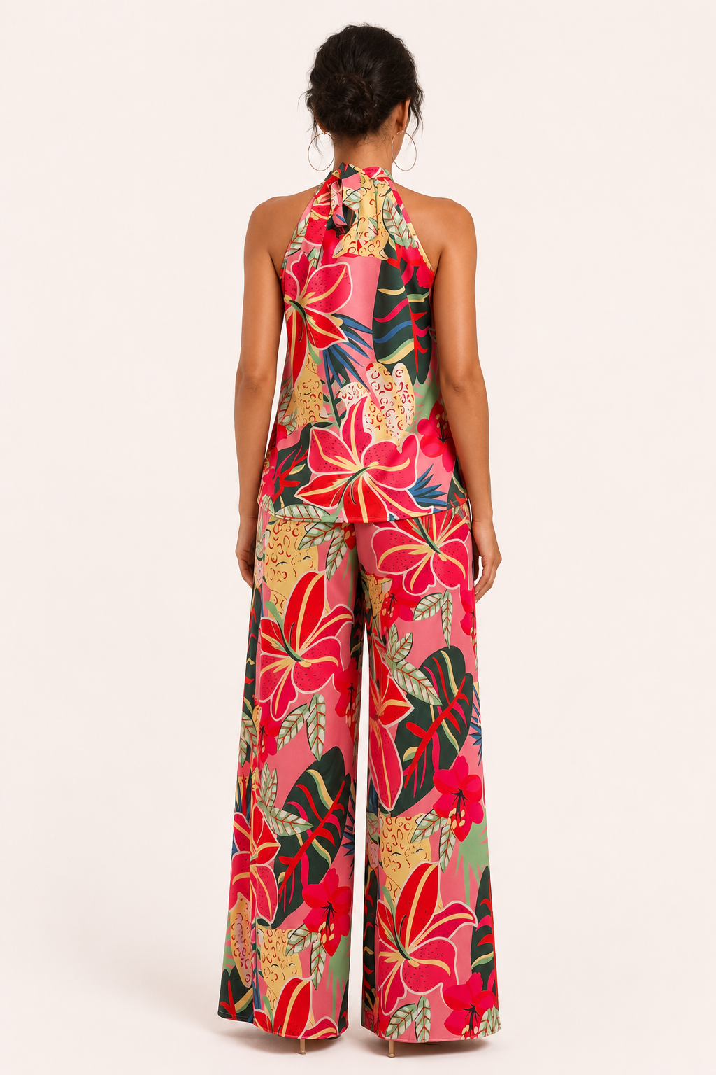 Conjunto floral mujer top halter pantalón pierna ancha verano cómodo - Siria