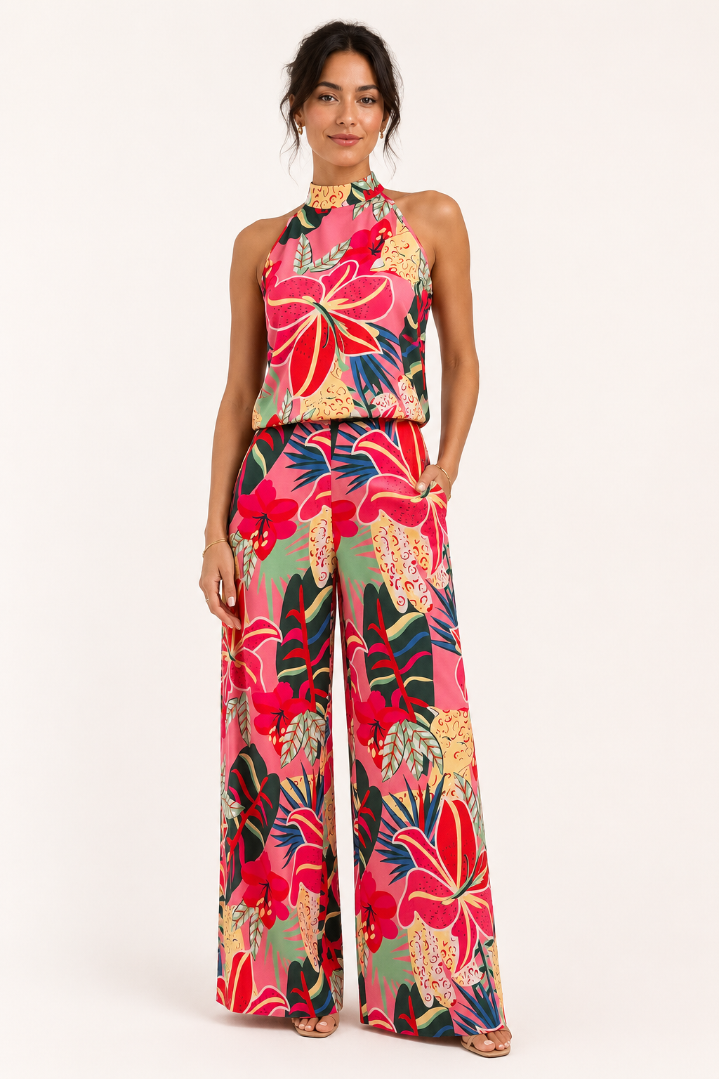 Conjunto floral mujer top halter pantalón pierna ancha verano cómodo - Siria