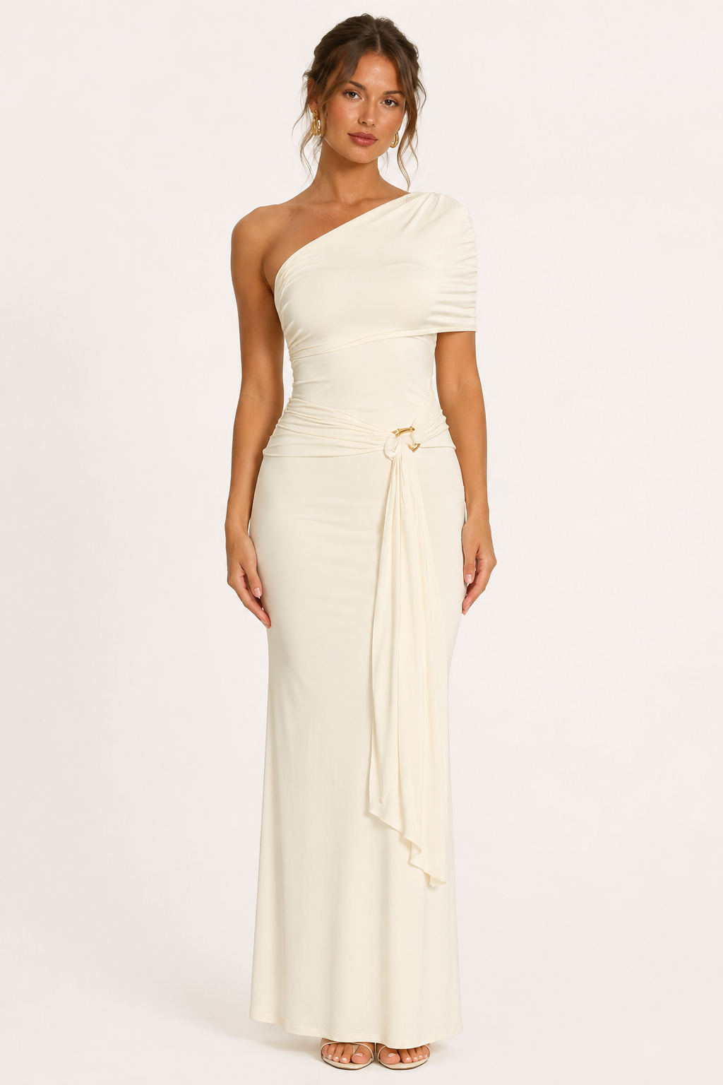 Vestido largo mujer un hombro manga corta drapeado lateral ajustado - Maike