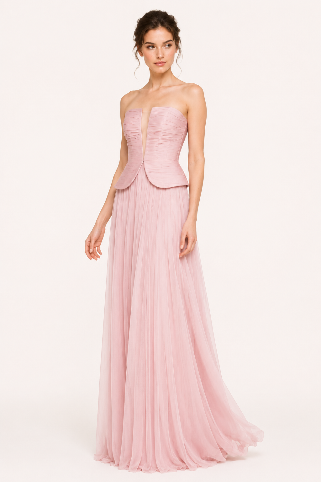 Vestido largo mujer strapless plisado abertura pecho falda amplia - Enice