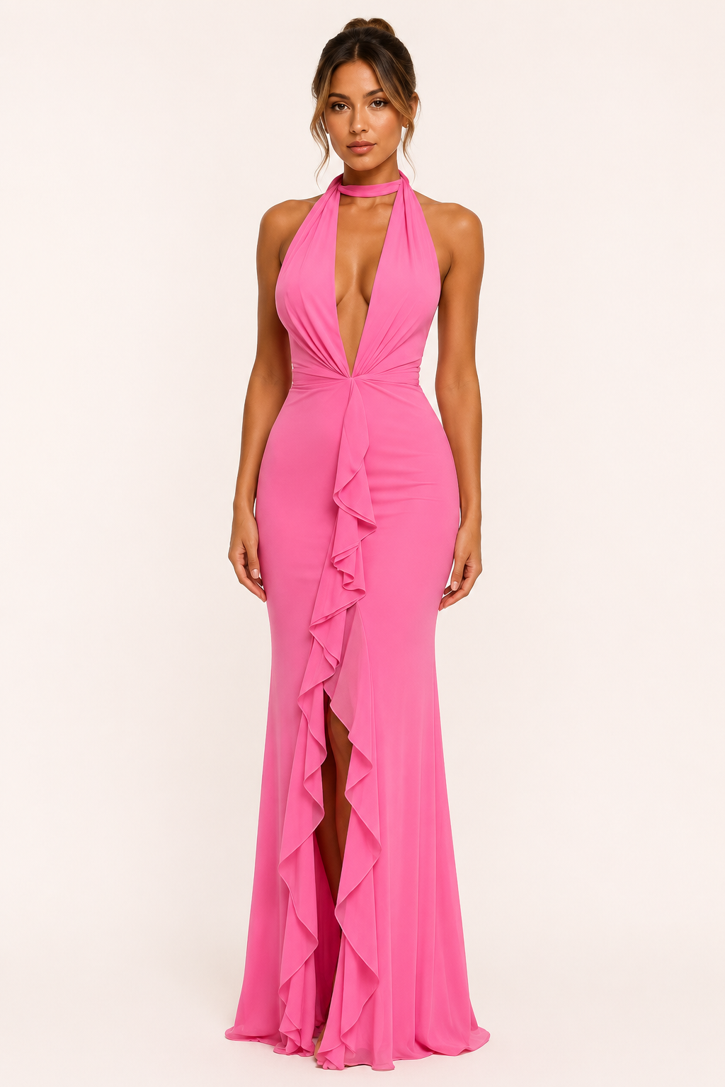 Vestido largo mujer halter lazo escote V cintura marcada abertura frontal - Romy