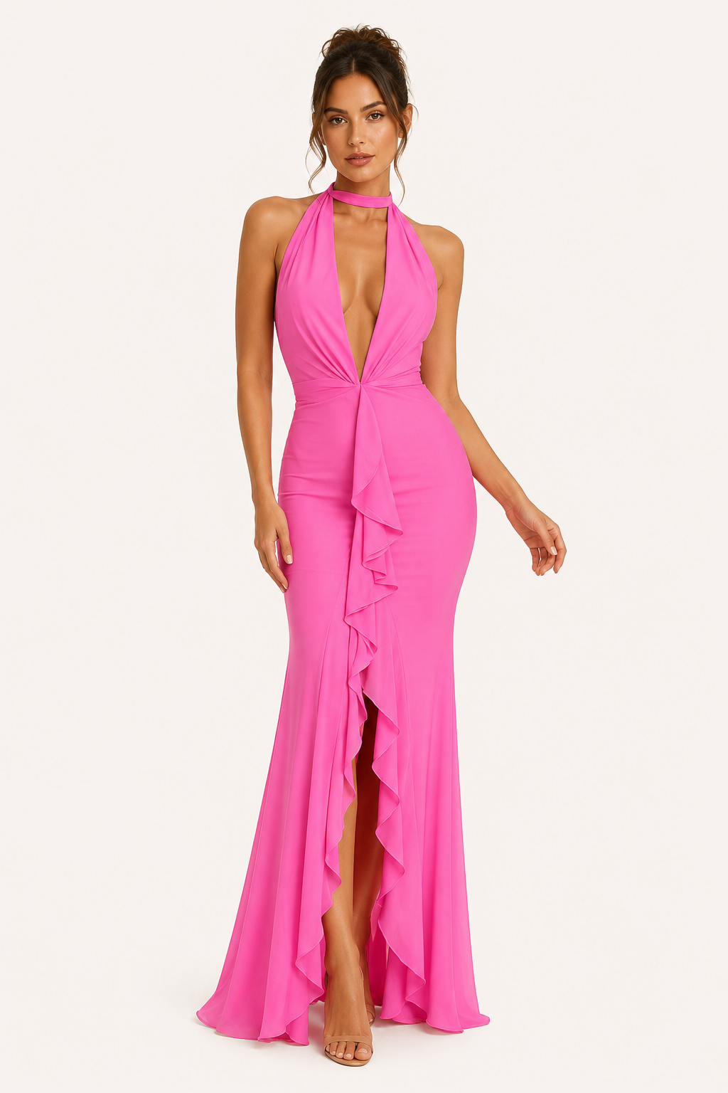 Vestido largo mujer halter lazo escote V cintura marcada abertura frontal - Romy