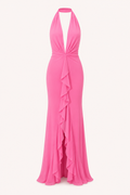 Vestido largo mujer halter lazo escote V cintura marcada abertura frontal - Romy