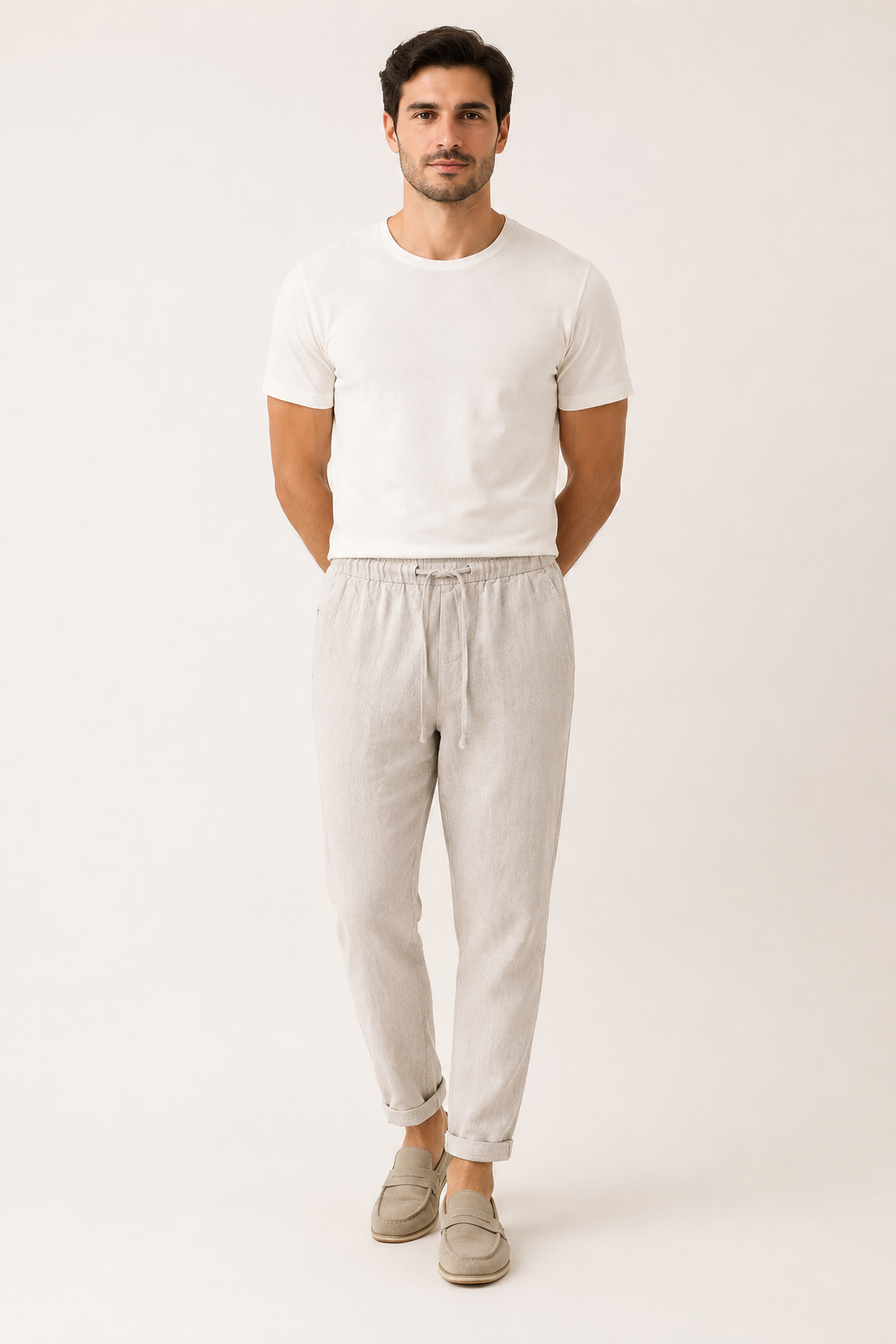 Pantalón hombre lino cintura elástica bajo doblado casual ligero - Falk