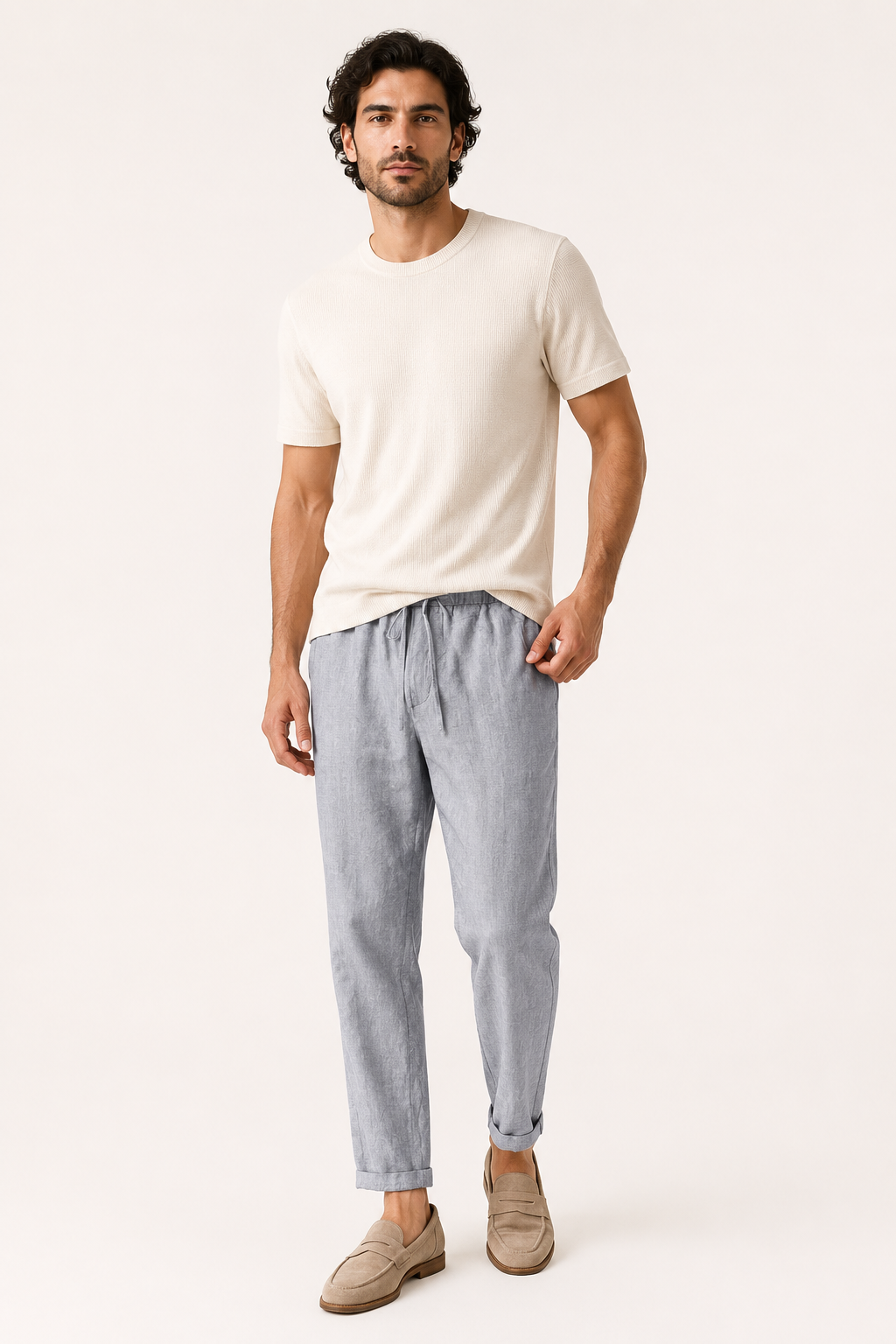 Pantalón hombre lino cintura elástica bajo doblado casual ligero - Falk