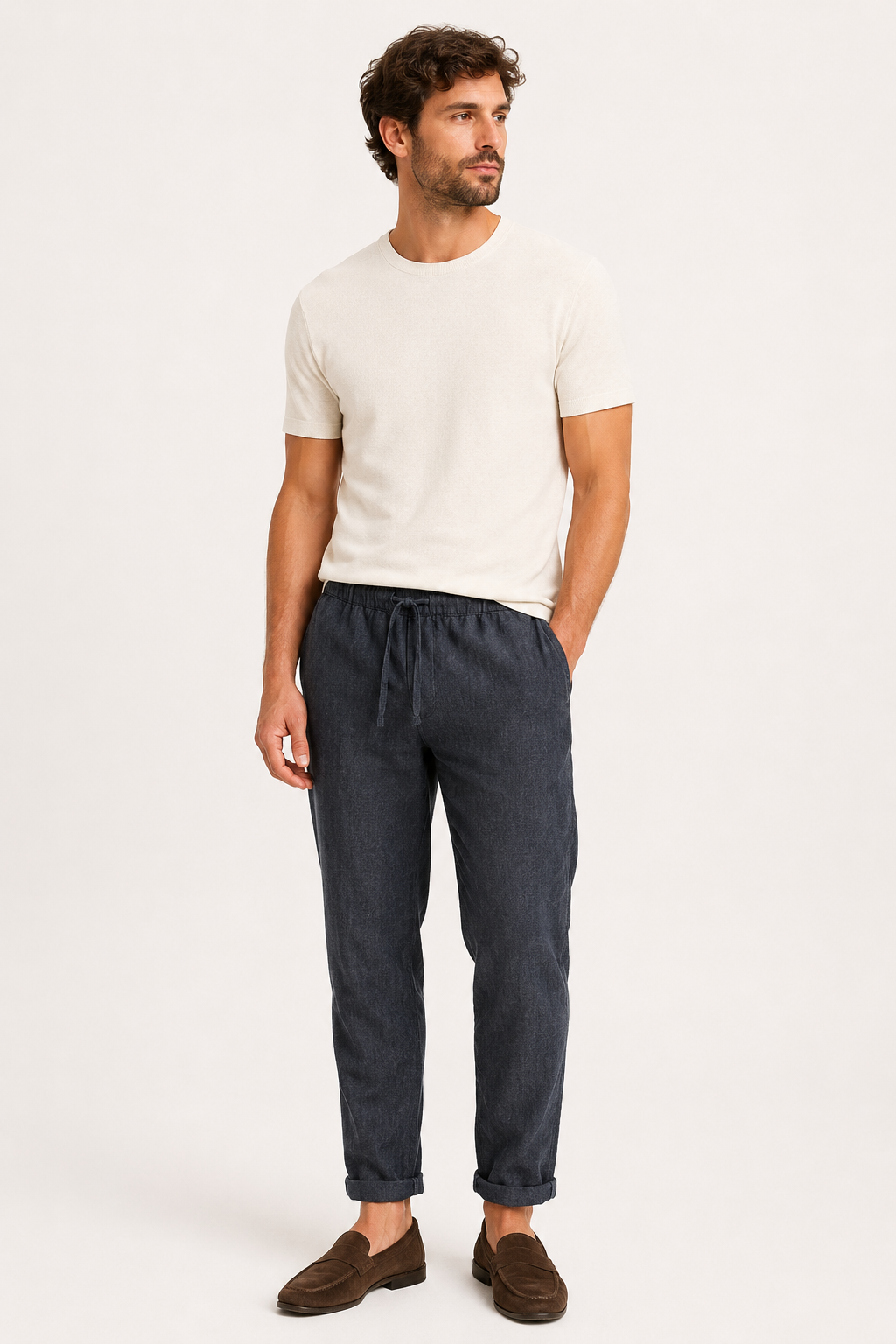 Pantalón hombre lino cintura elástica bajo doblado casual ligero - Falk