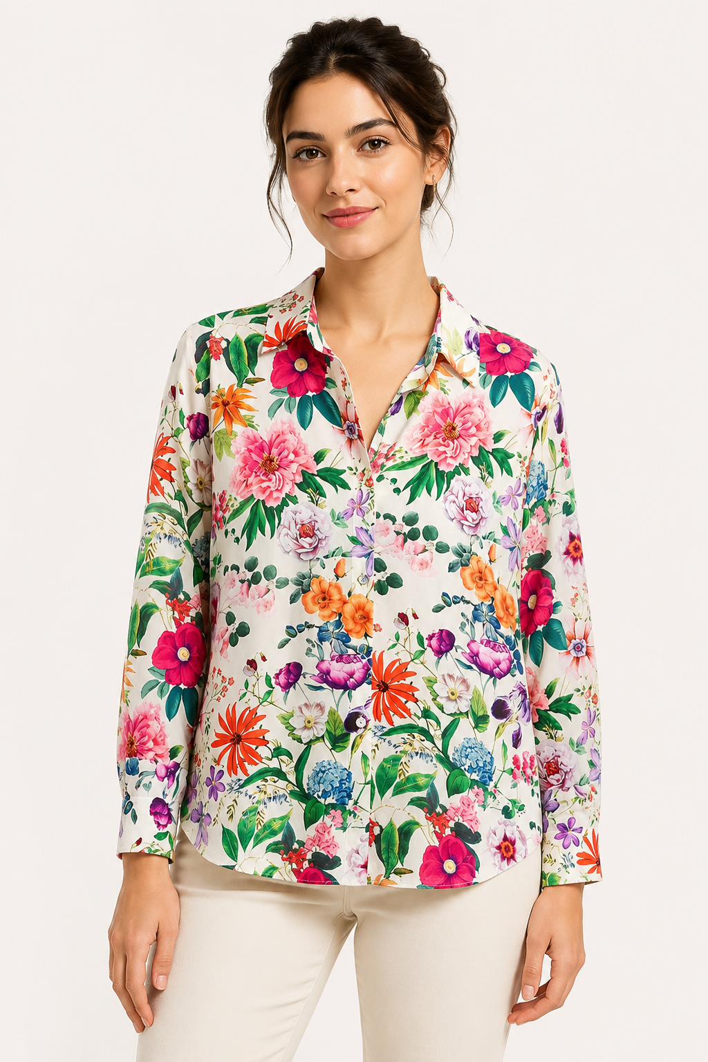 Blusa mujer floral cuello camisero manga larga botones corte recto - Katrin