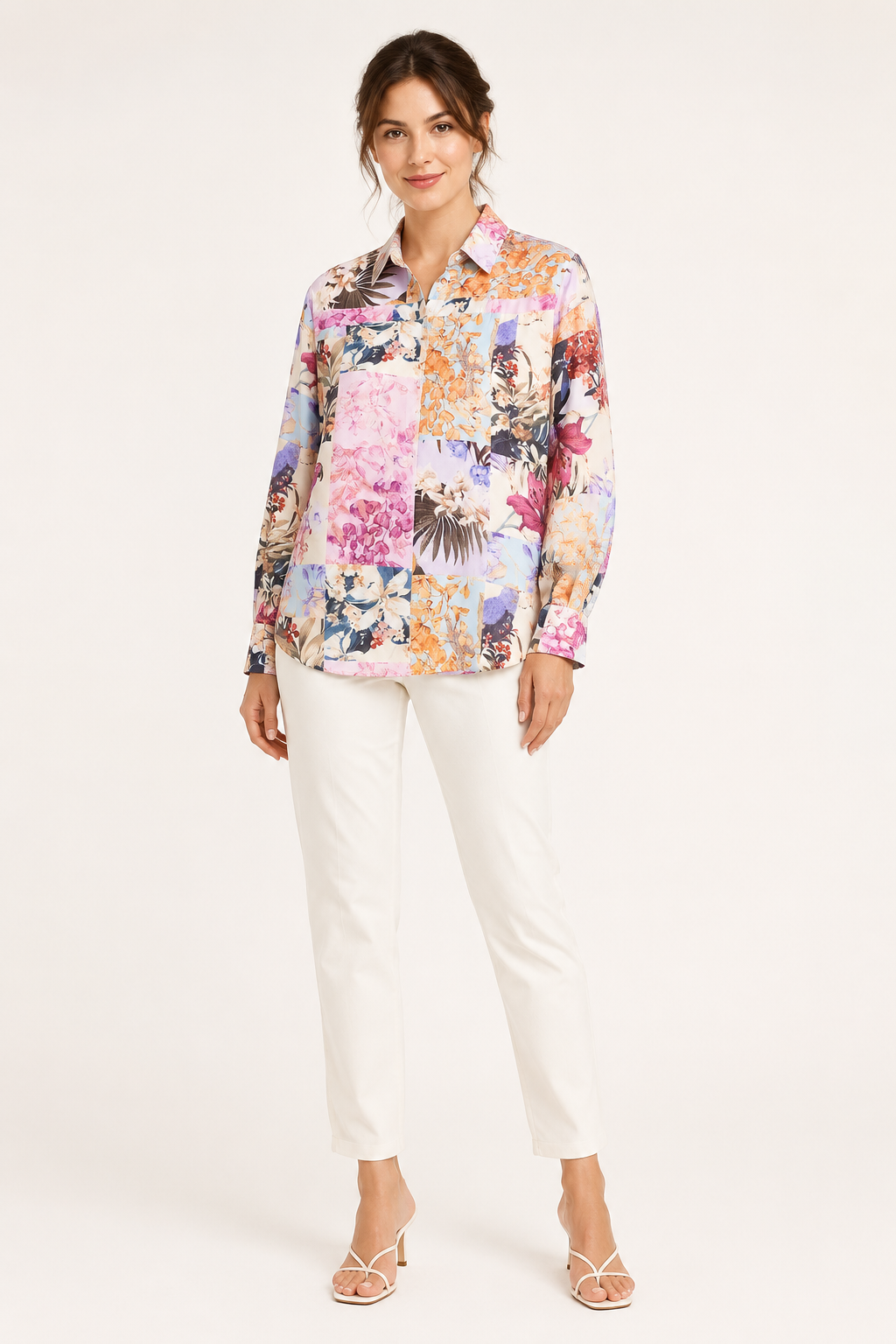 Blusa mujer estampada cuello camisero manga larga botones caída uniforme - Laura