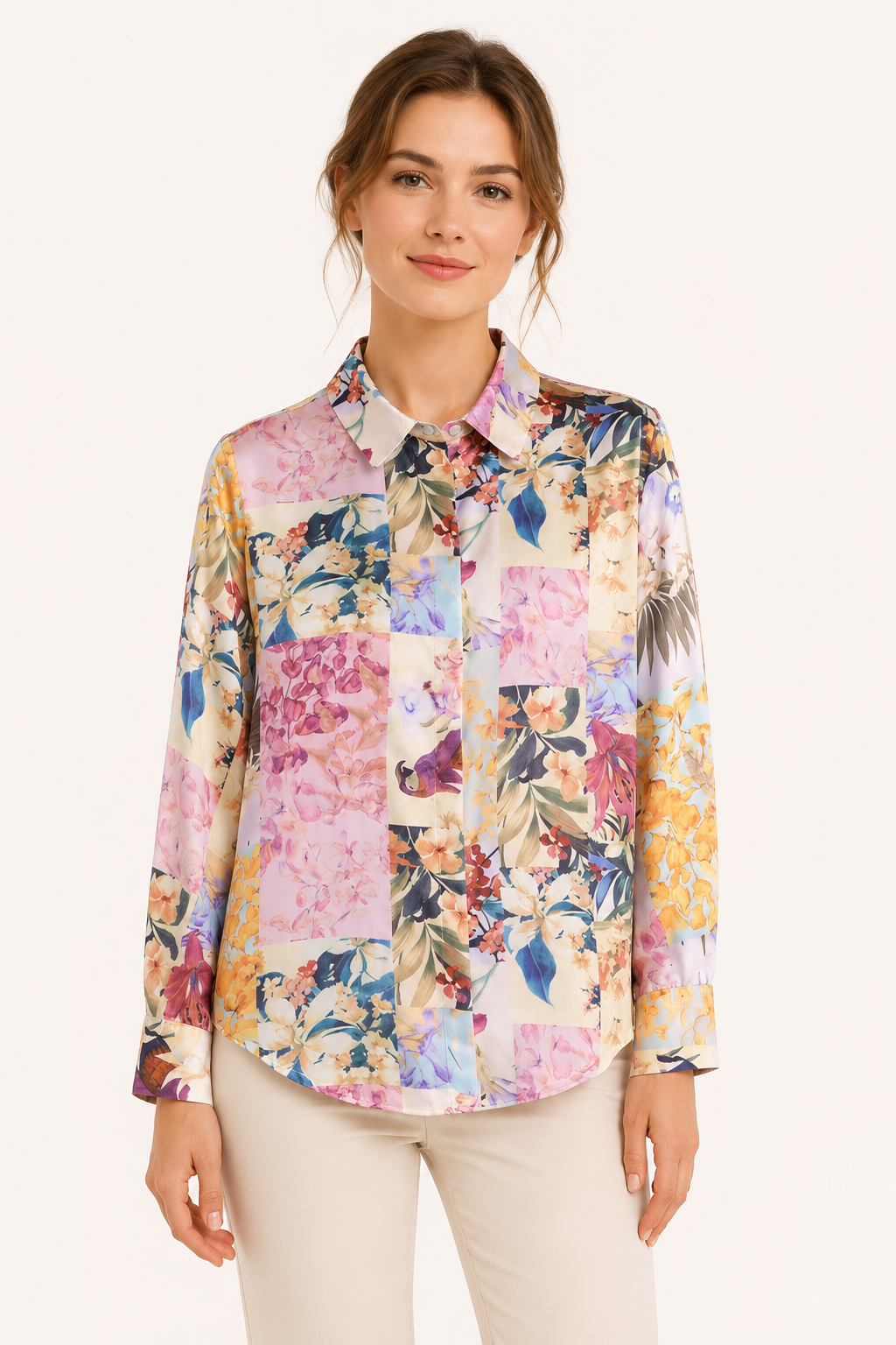 Blusa mujer estampada cuello camisero manga larga botones caída uniforme - Laura