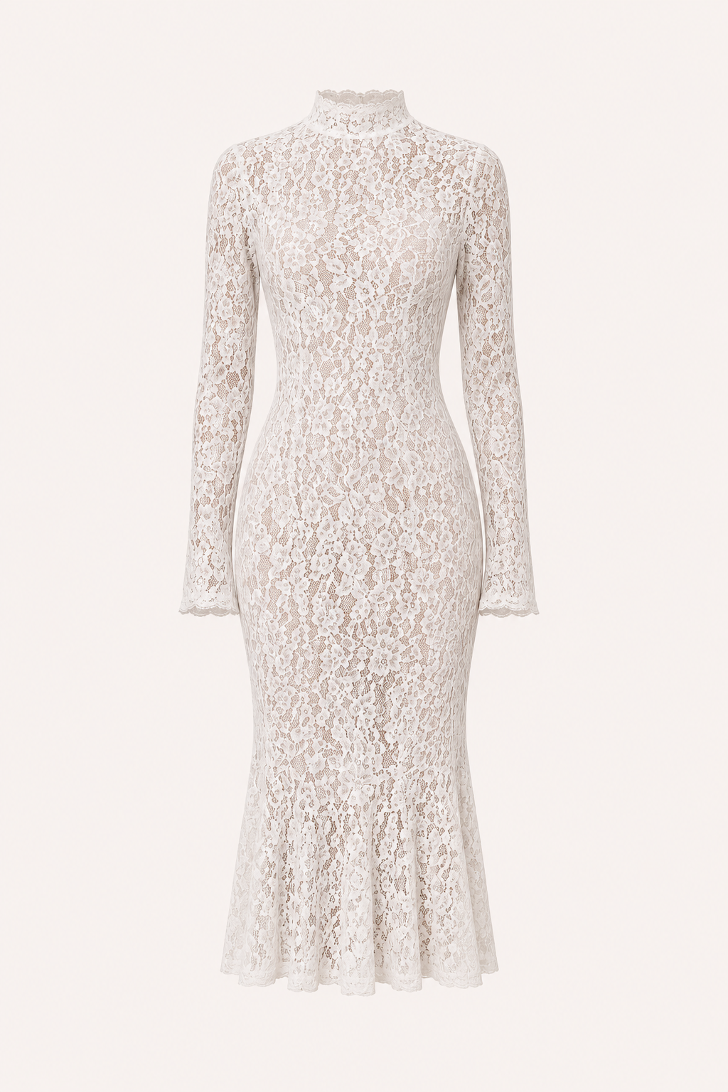 Vestido midi encaje floral mujer cuello alto manga larga corte ceñido - Samara