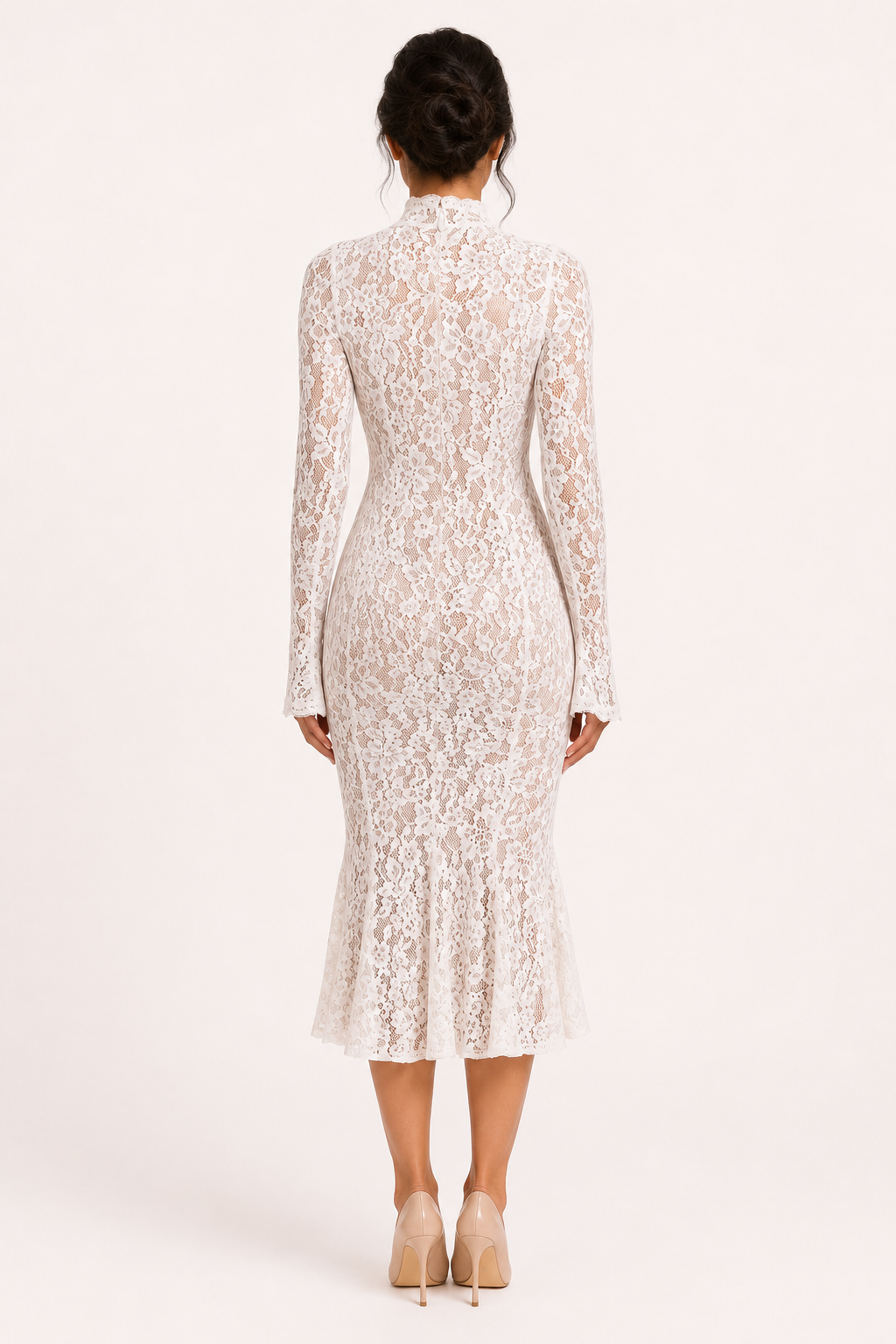 Vestido midi encaje floral mujer cuello alto manga larga corte ceñido - Samara