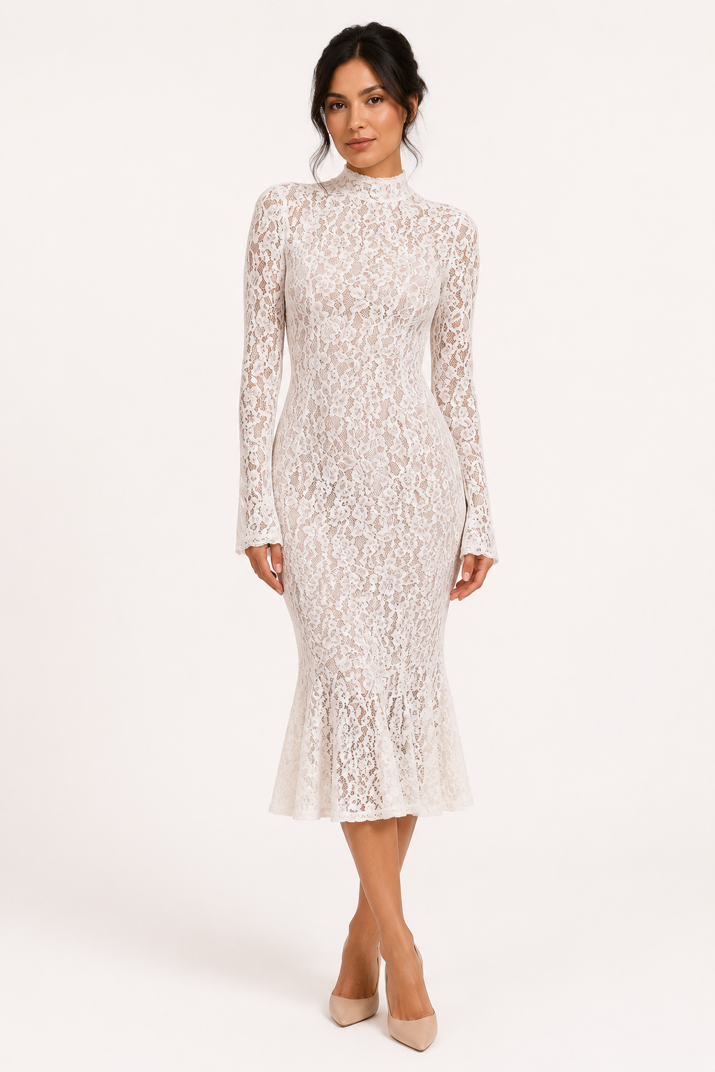 Vestido midi encaje floral mujer cuello alto manga larga corte ceñido - Samara