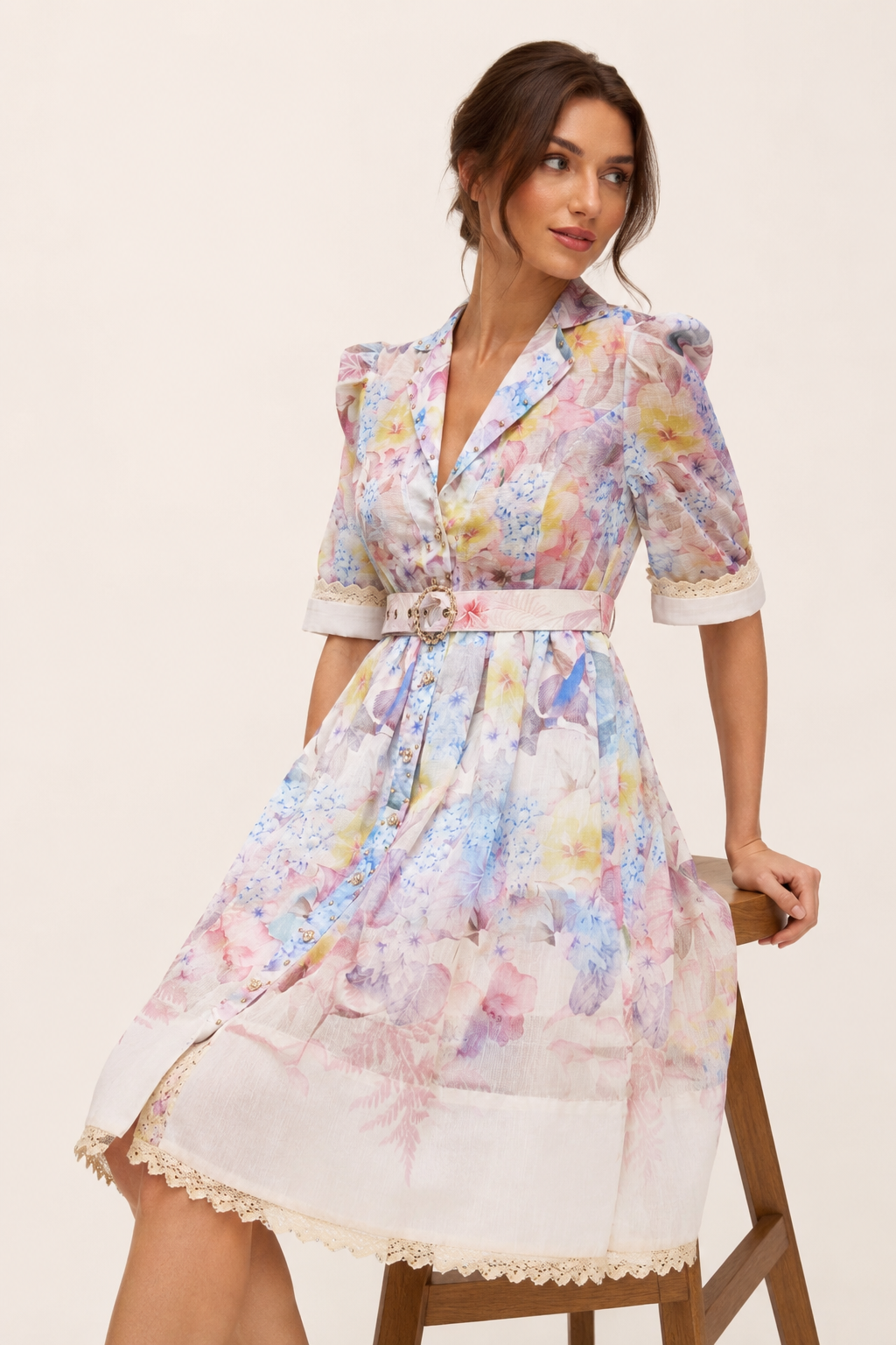 Vestido camisero mujer floral botones manga corta cinturón hebilla - Minna