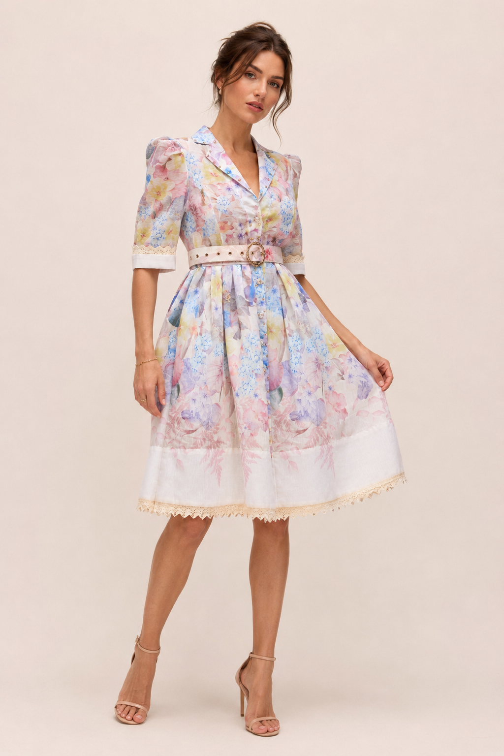 Vestido camisero mujer floral botones manga corta cinturón hebilla - Minna