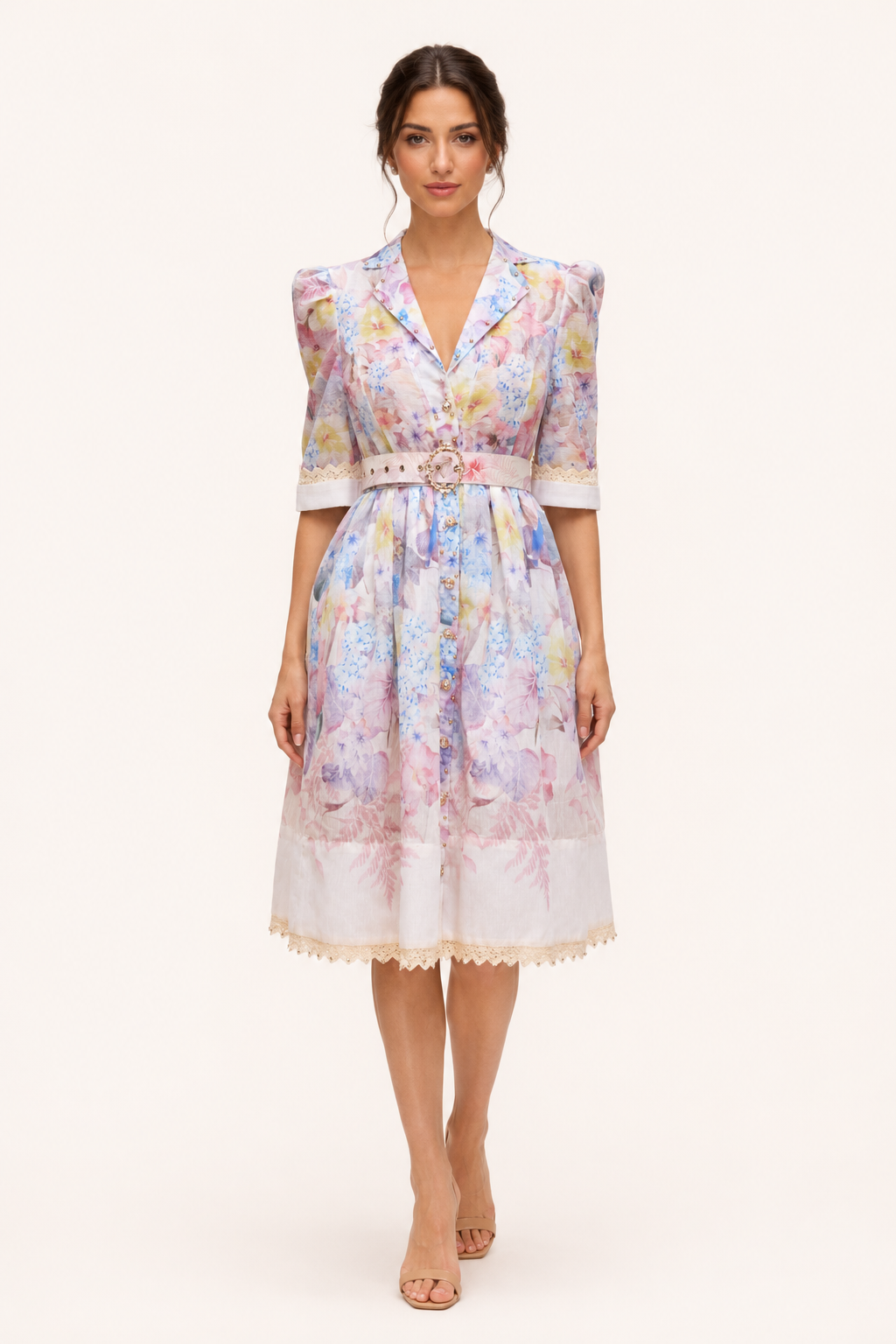 Vestido camisero mujer floral botones manga corta cinturón hebilla - Minna