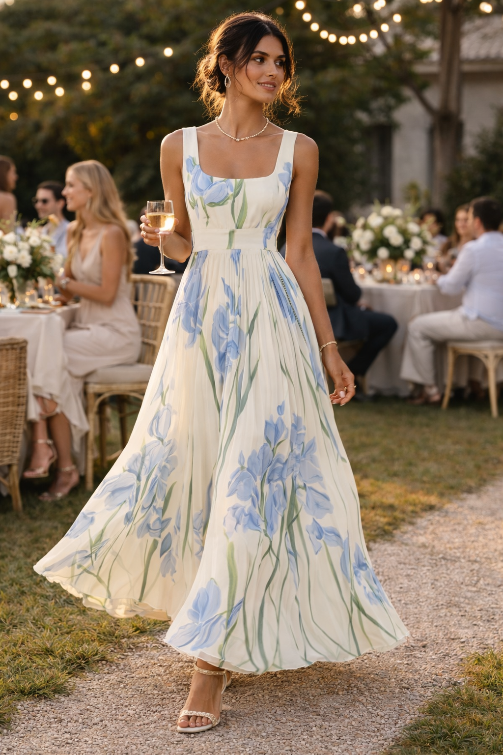 Vestido largo plisado floral mujer sin mangas boda evento - Leonore