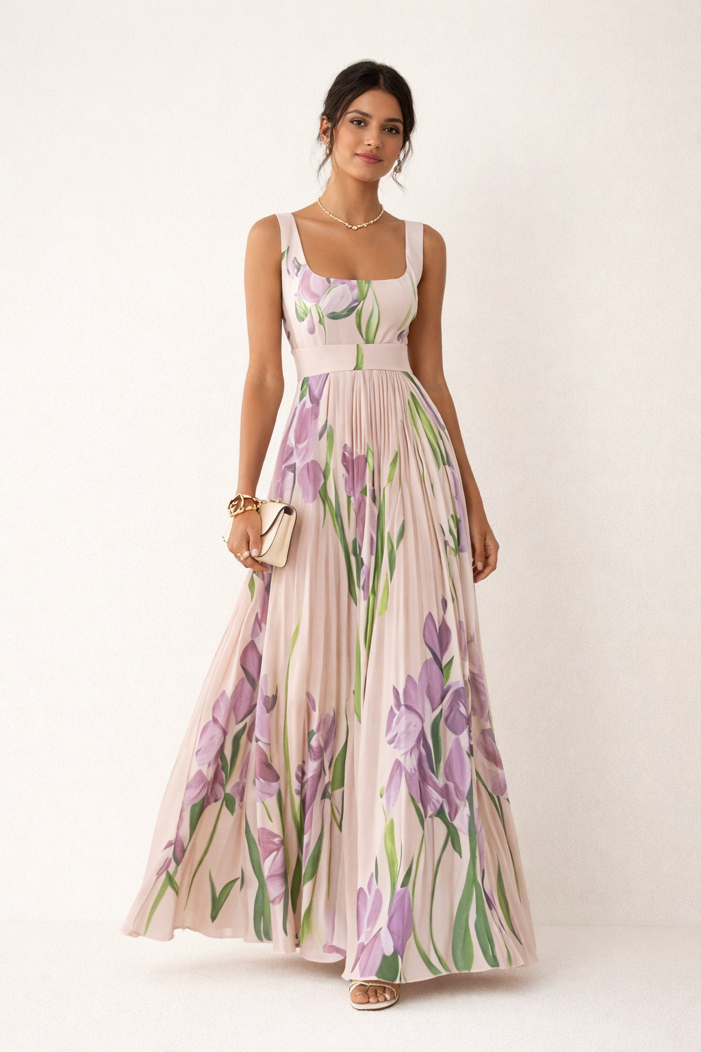 Vestido largo plisado floral mujer sin mangas boda evento - Leonore