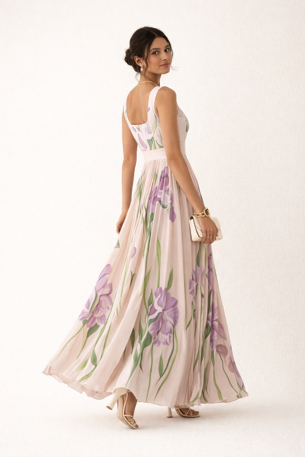 Vestido largo plisado floral mujer sin mangas boda evento - Leonore