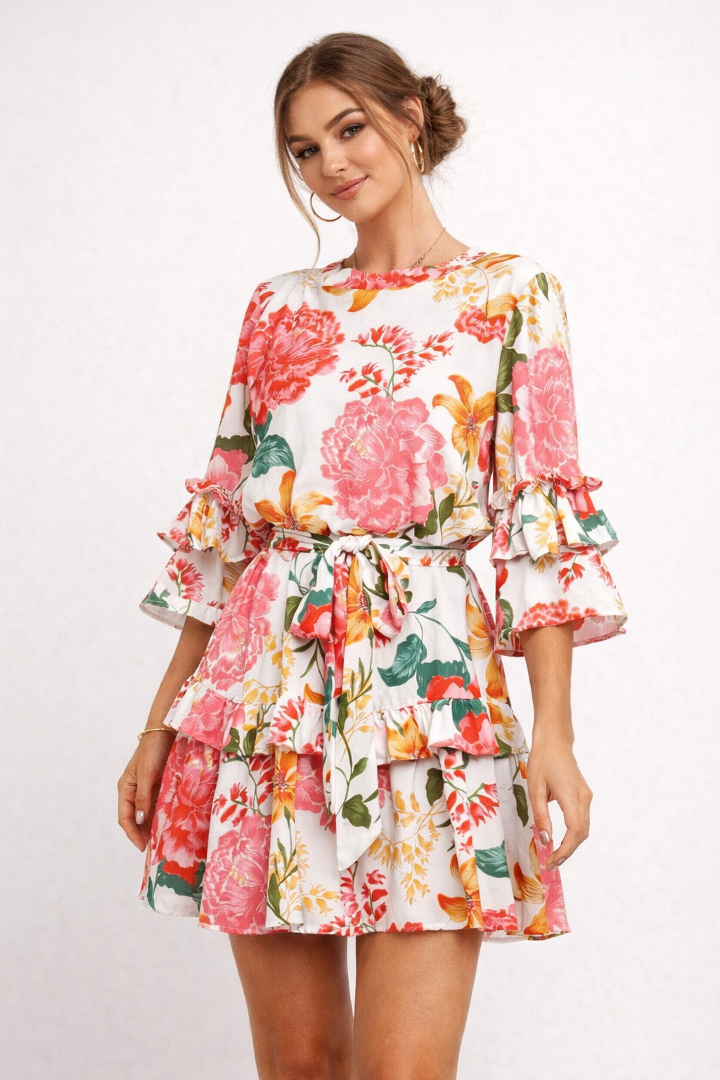 Vestido floral para mujer con volantes y lazo - Camila