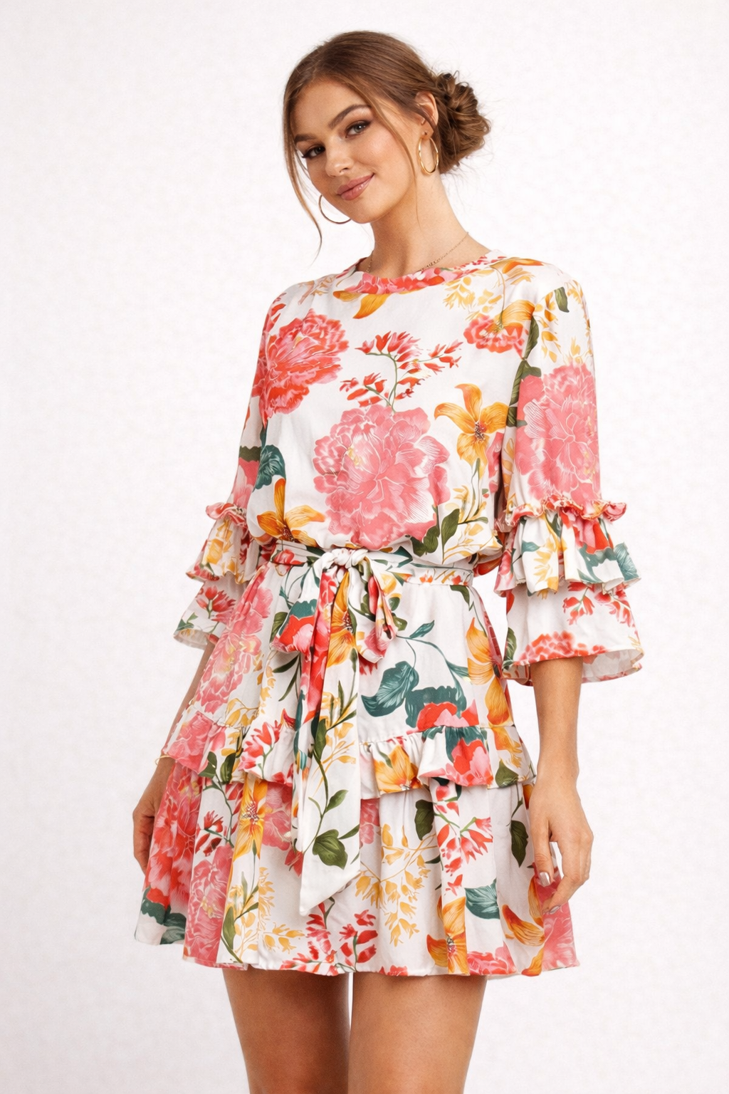 Vestido floral para mujer con volantes y lazo - Camila