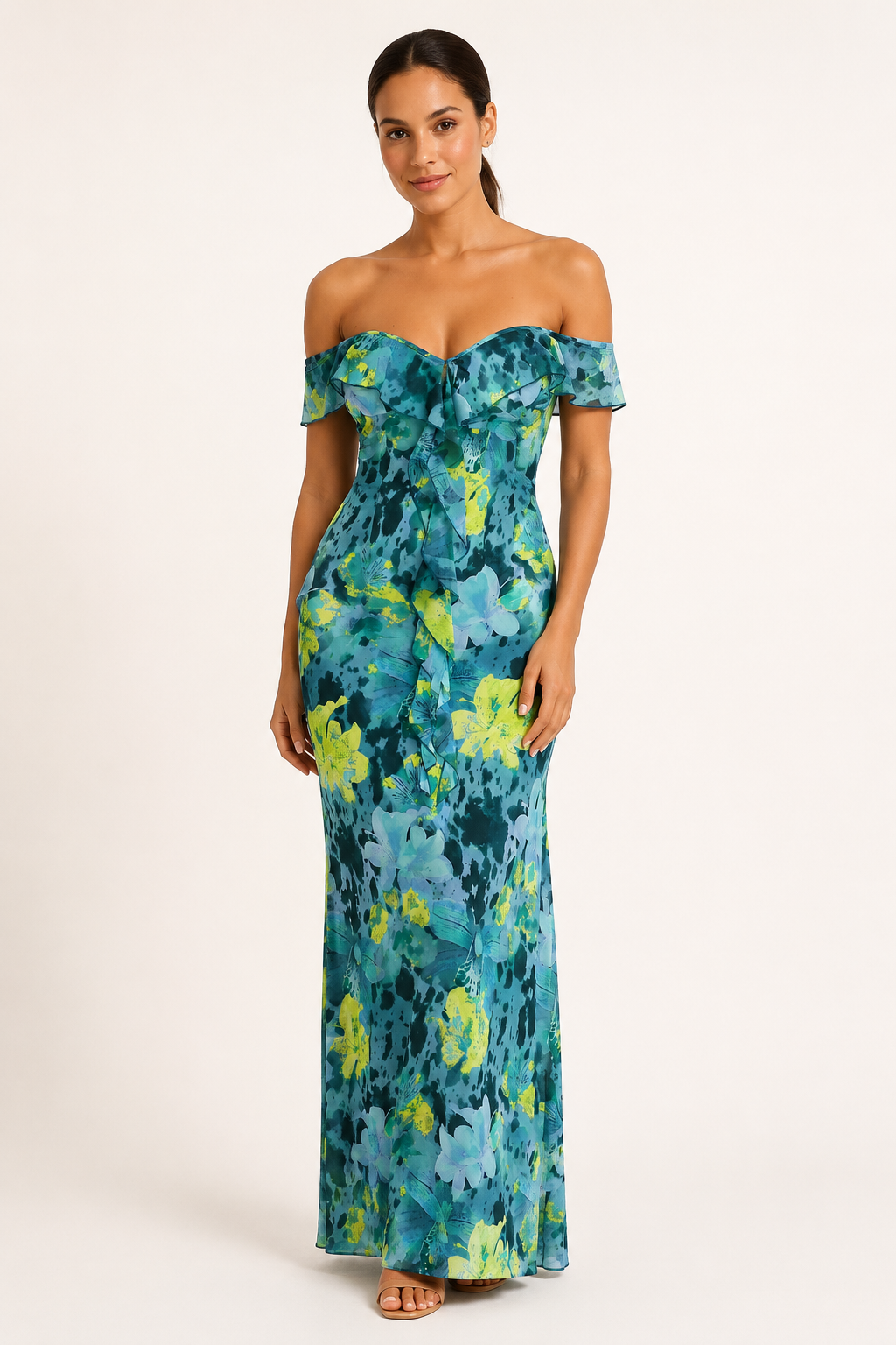 Vestido largo floral mujer hombros descubiertos escote bardot volante busto - Käthe