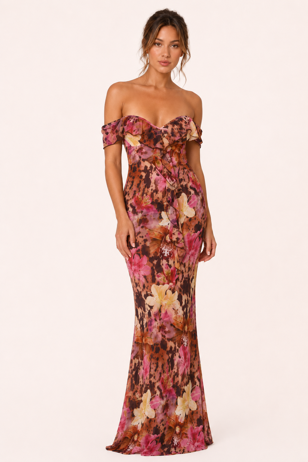 Vestido largo floral mujer hombros descubiertos escote bardot volante busto - Käthe