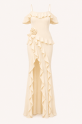 Vestido largo mujer invitada boda tirantes finos volantes flor lateral cintura - Gisela