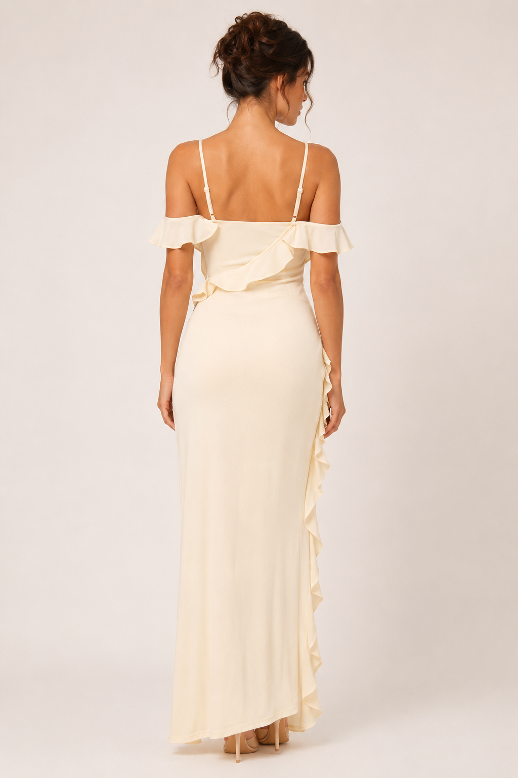 Vestido largo mujer invitada boda tirantes finos volantes flor lateral cintura - Gisela