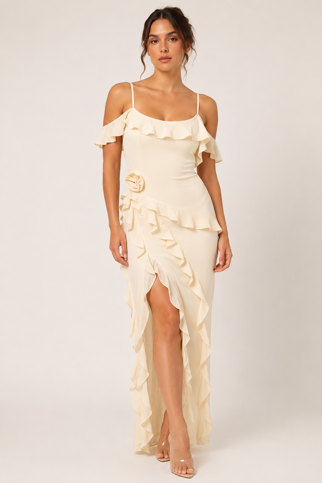 Vestido largo mujer invitada boda tirantes finos volantes flor lateral cintura - Gisela