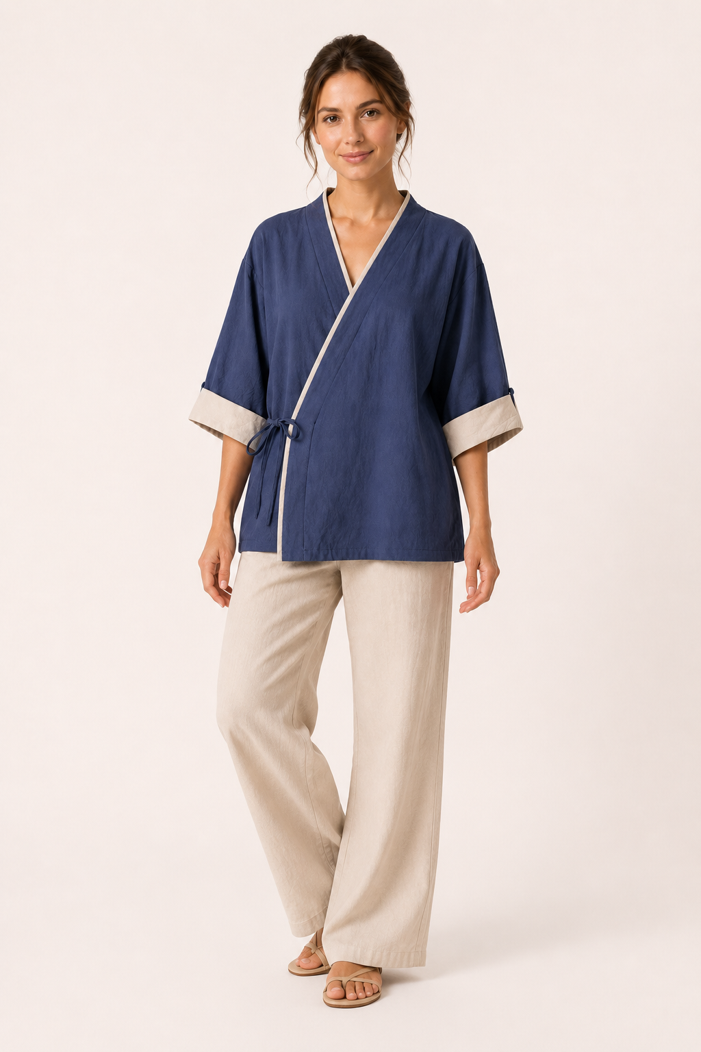 Blusa kimono mujer cruzada ribete contraste manga corta cordón lateral - Frida