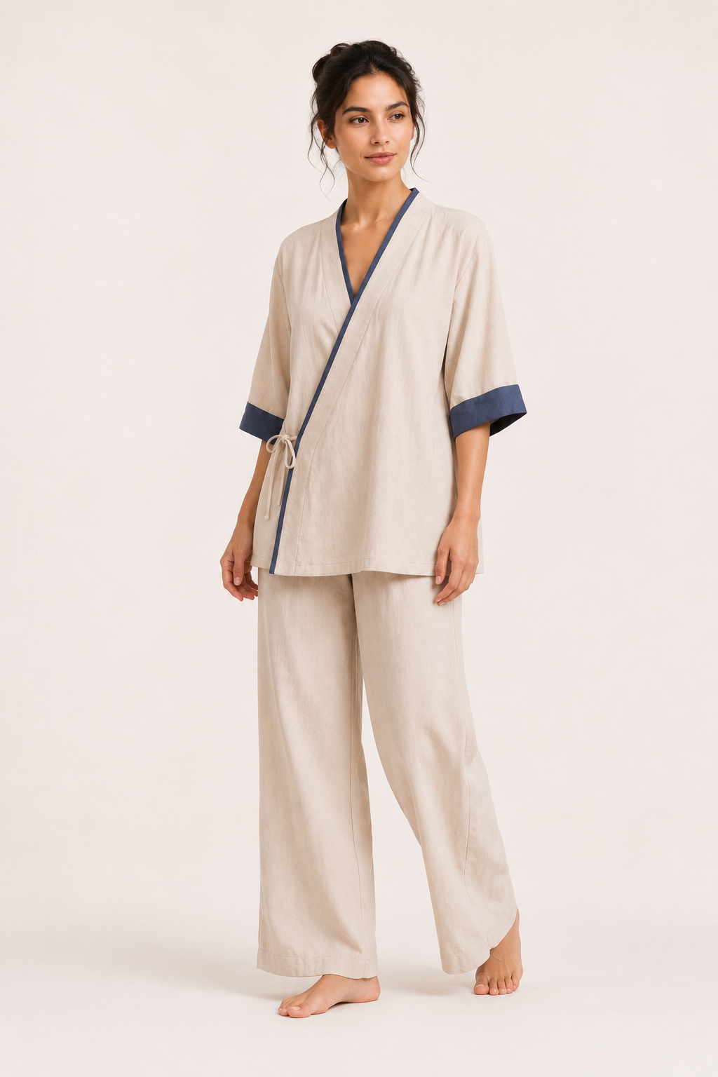 Blusa kimono mujer cruzada ribete contraste manga corta cordón lateral - Frida