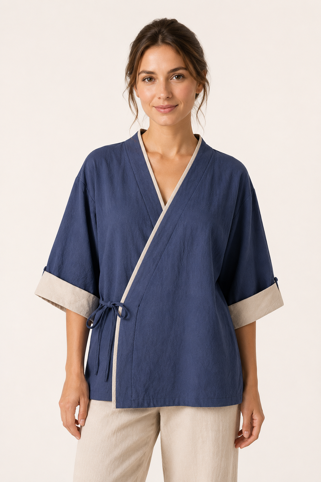 Blusa kimono mujer cruzada ribete contraste manga corta cordón lateral - Frida