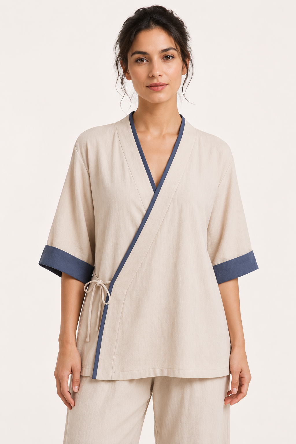 Blusa kimono mujer cruzada ribete contraste manga corta cordón lateral - Frida