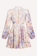 Vestido corto floral mujer cuello alto botones cinturón vuelo - Candice