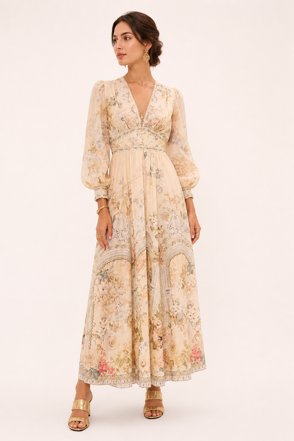 Vestido midi mujer escote V cintura alta manga abullonada falda amplia - Connie
