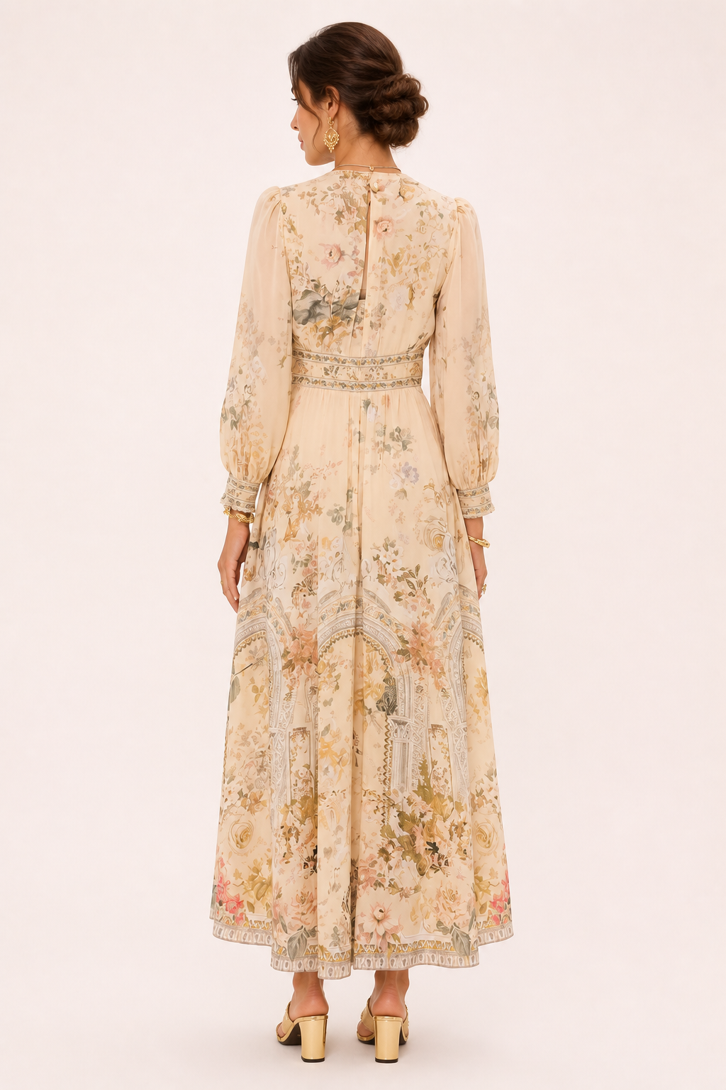 Vestido midi mujer escote V cintura alta manga abullonada falda amplia - Connie