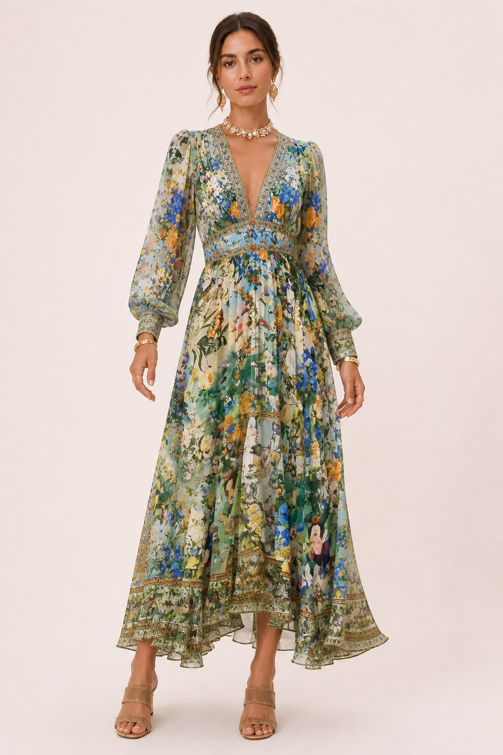 Vestido midi mujer escote V cintura alta manga abullonada falda amplia - Connie
