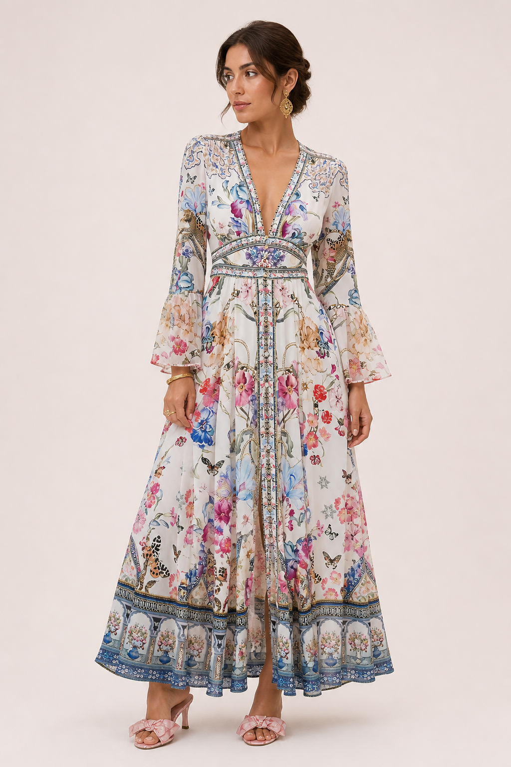 Vestido midi mujer escote V cintura alta manga abullonada falda amplia - Connie