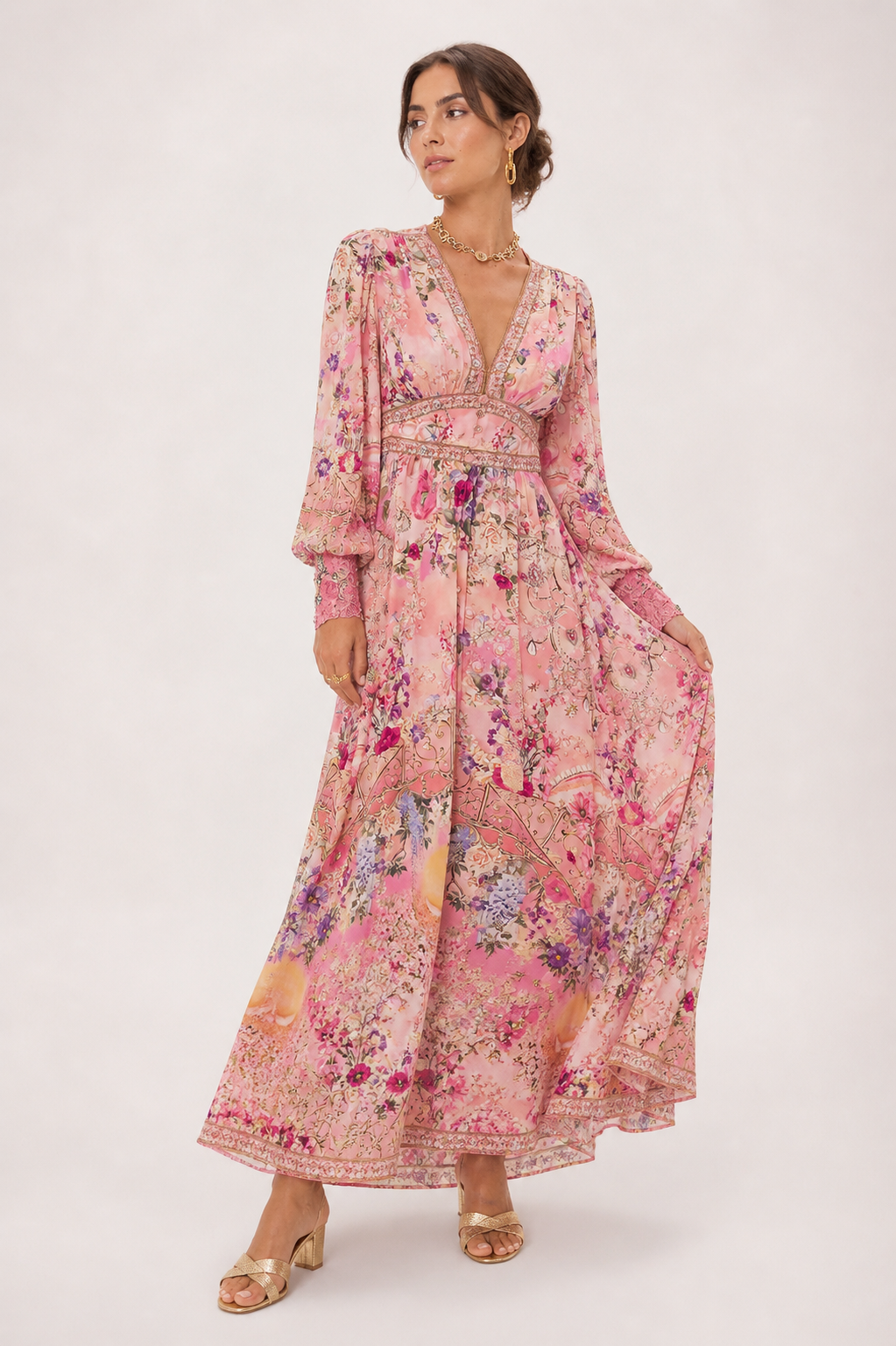 Vestido midi mujer escote V cintura alta manga abullonada falda amplia - Connie