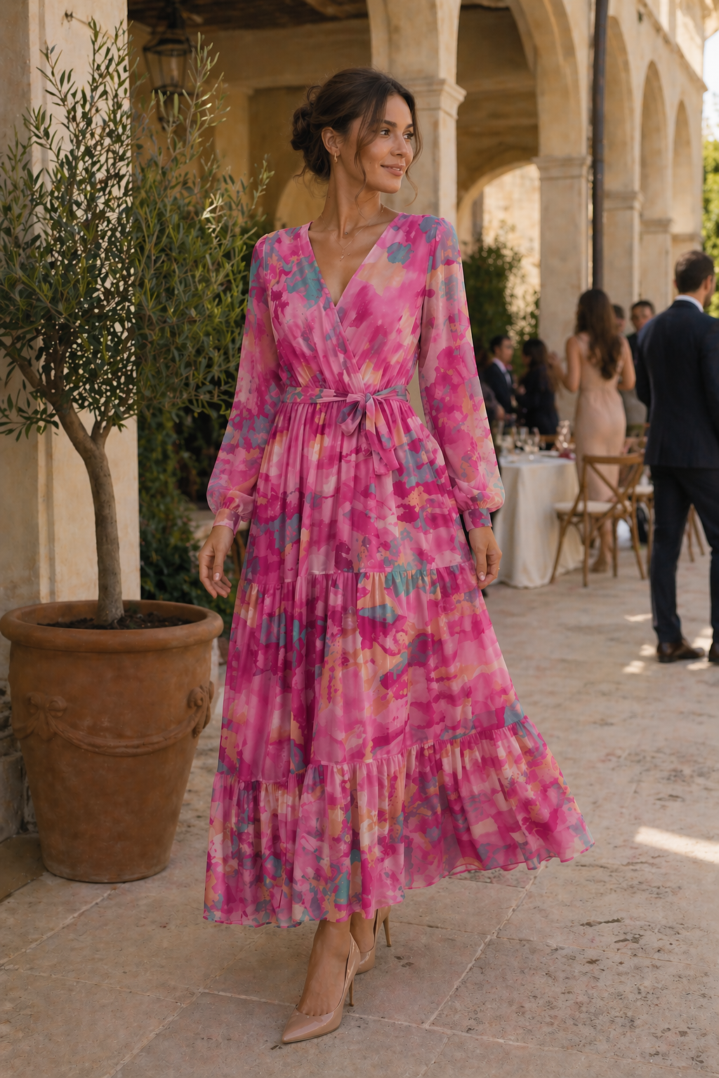 Vestido midi estampado floral manga larga cinturón mujer primavera - Paola