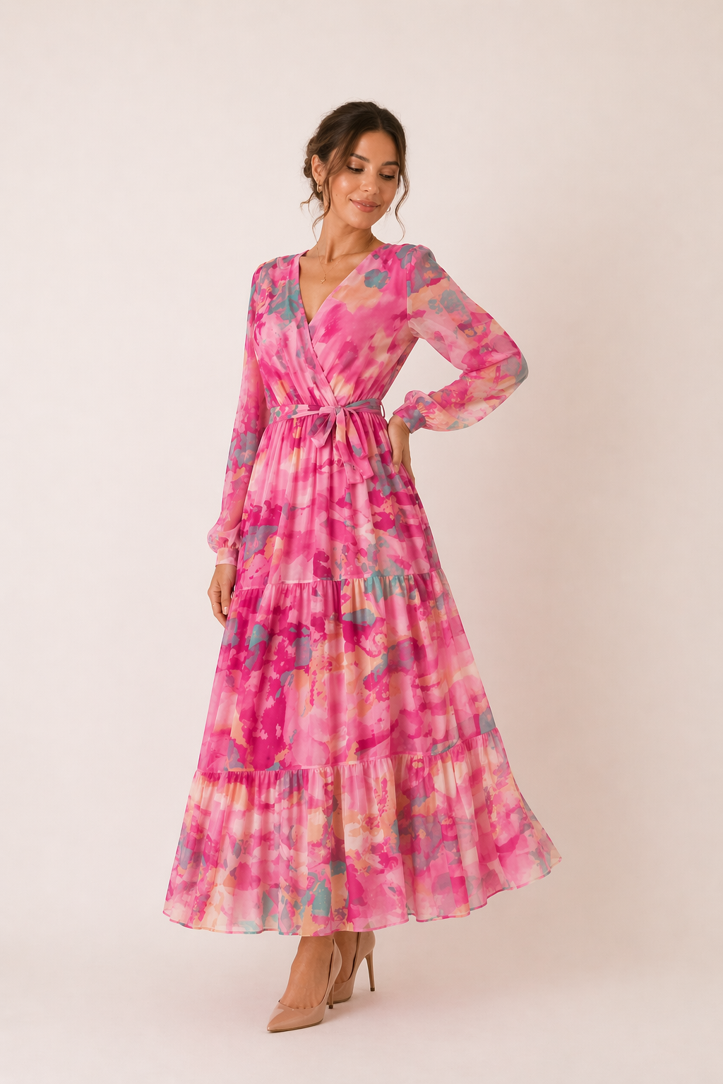 Vestido midi estampado floral manga larga cinturón mujer primavera - Paola