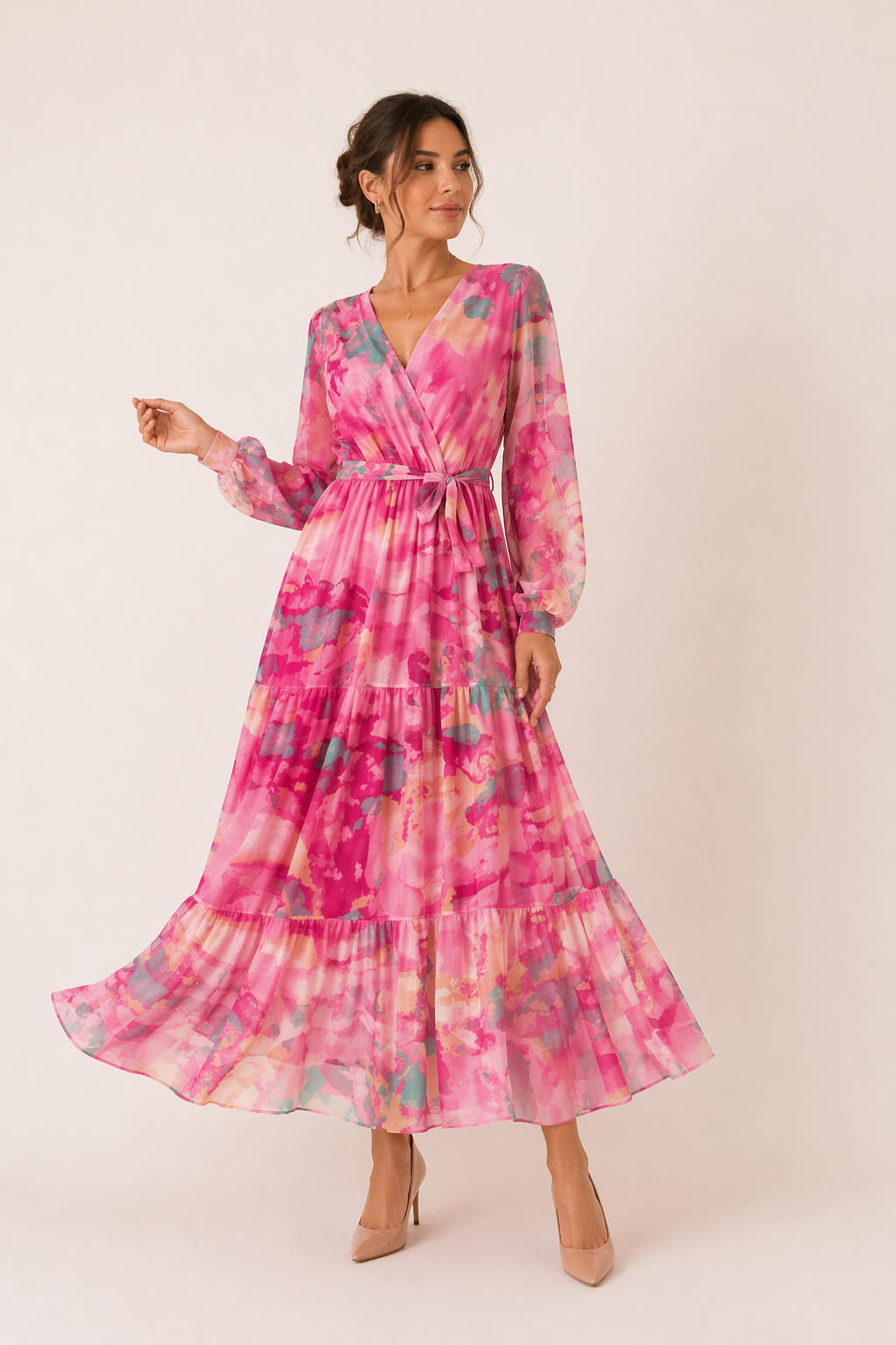 Vestido midi estampado floral manga larga cinturón mujer primavera - Paola